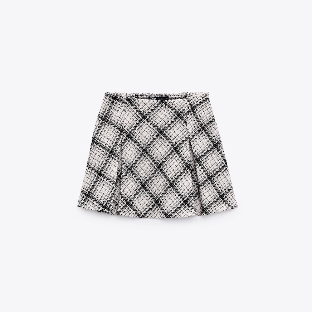 Zara Box Pleat Mini Skirt - white and black tweed